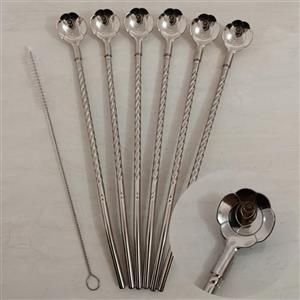 قاشق نی دار نقره ای  یونیک 6 تایی شربت استیل وارداتی طرح پیچی رنگ ثابت همراه فرچه شستشو