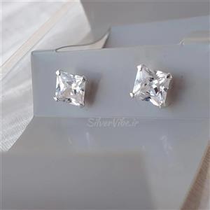 گوشواره نقره زنانه نگین سفید مربعی پرنسس کات | برند Iam 