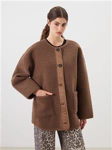 پالتو مخمل زنانه یقه گرد قهوه ای lcw-modest ال سی وایکیکی lcw modest