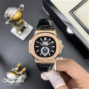 ساعت پتک فیلیپ ناتیلوس تقویم سالانه نقره ای صفحه مشکی بند چرمی patek philippe nautilus