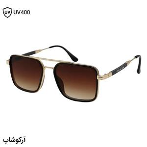 عینک آفتابی Prada با فریم مربعی شکل، رنگ مشکی و طلایی و لنز قهوه‌ای سایه روشن مدل PR2001