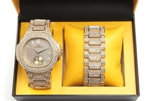 Bling-ed Out Oblong Case Metal Mens Watch w/Matching Bling-ed Out Bracelet Gift Set - 8475B - Gold/Gold