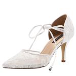 ERIJUNOR Ivory Lace Mesh Satin Bridal Wedding Shoes for Women Comfortable Mid Heel Tie Up Ankle Strap Pointy Toe Pumps