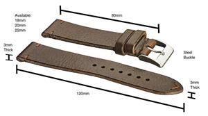 Hand Made Genuine Vintage Leather Watch Strap with Quick Release Steel Spring Bars - Black, Brown and Tan in Sizes 18mm, 20mm, 22mm, 24mm (fits Wrist Size 6 1/4 inch to 8 inch) 