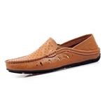 Hilotu Loafers for Men Summer Breathable Slip On Shoes Leather Upper Walking Hollow Out Driving Casual Shoes Round Toe (Color : Brown, Size : 6.5 M US)