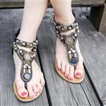 Odema Womens Summer Flat Sandals Bohemian Beads Coin Back Zip Thong Dressy Sandals Size 4.5-9