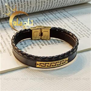 دستبند چرم بافت دار و طلا ورساچه 18 عیار تاج ماه