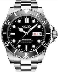 LOREO Mens Silver Stainless Steel Sapphire Glass Black Rotating bezel Men's Automatic date week Watch 