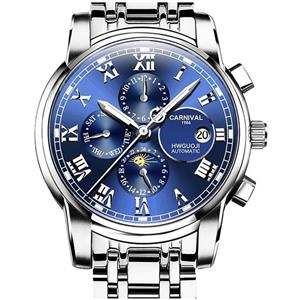 CARNIVAL Mens Automatic Machine Gold Stainless Steel Sapphire Waterproof Multifunction Blue Watch 