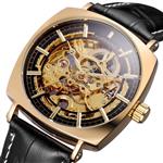 FORSINING Retro Casual Rectangle Case Design Golden Hollow Skeleton Men Mechanical Automatic Watches