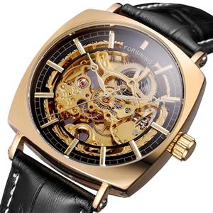 FORSINING Retro Casual Rectangle Case Design Golden Hollow Skeleton Men Mechanical Automatic Watches 