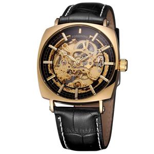 FORSINING Retro Casual Rectangle Case Design Golden Hollow Skeleton Men Mechanical Automatic Watches 