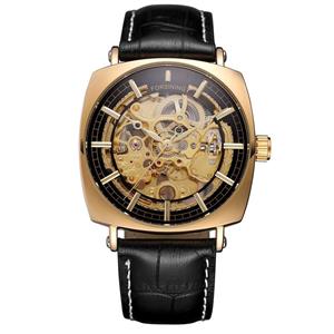 FORSINING Retro Casual Rectangle Case Design Golden Hollow Skeleton Men Mechanical Automatic Watches 