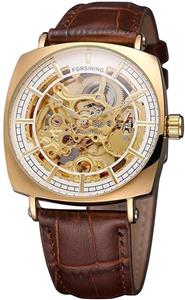 FORSINING Retro Casual Rectangle Case Design Golden Hollow Skeleton Men Mechanical Automatic Watches 