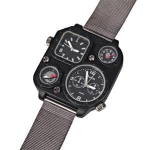 Oulm Ori-0638 Men¡®s Watch with Double Movt Compass Thermometer Black Square Dial Steel Band Black Case 