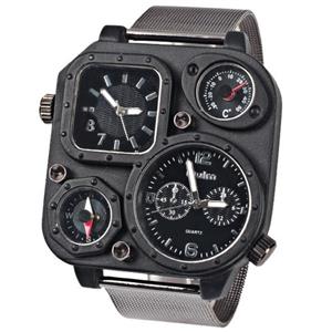 Oulm Ori-0638 Men¡®s Watch with Double Movt Compass Thermometer Black Square Dial Steel Band Black Case 