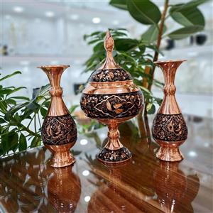 ست سه تیکه گلدان و شکلات خوری مسی الماس تراش به همراه باکس هدیه مخمل (مستقیم و بدون واسطه از تولیدی)