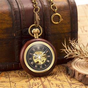 ManChDa Steampunk Mechanical Hand Wind Skeleton Pocket Watch Roman Copper Wooden with Chain Gift Box 