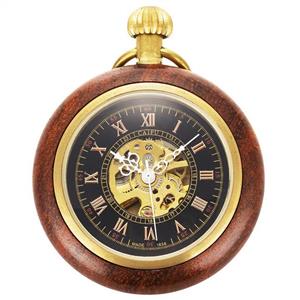 ManChDa Steampunk Mechanical Hand Wind Skeleton Pocket Watch Roman Copper Wooden with Chain Gift Box 