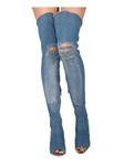 Alrisco Women Distressed Denim Peep Toe Thigh High Stiletto Boot HC45 