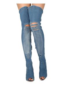 Alrisco Women Distressed Denim Peep Toe Thigh High Stiletto Boot HC45 