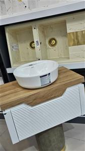 روشویی کابینتی PVC مدل استون سفید همراه کاسه سفید بیضی و آینه و باکس سفید