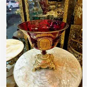 میوه خوری زرشکی طلا کوب پایه  برنزی ارتفاع 30 سانتی مدل خوشه گندم سایز بزرگ 