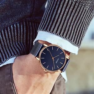 Men's Watches Simple Business Fashion Ultra Thin Unisex Minimalist Dress Analog Quartz Waterproof Wrist Watch with Mesh Band Dark Blue 