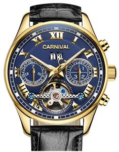 PASOY Carnival Men's Watch Automatic Tourbillon Black Leather Band Date Week Skeleton Analog Gold Watches