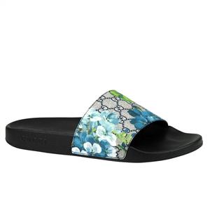 Gucci Bloom Print Blue Supreme GG Canvas Flower Slide Sandals 407345 8498