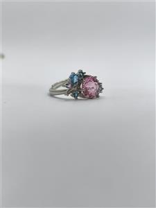 انگشتر نگین دار طرح گل با نگین صورتی و آبی