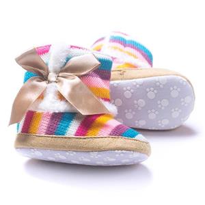 DZT1968 Baby Girl Rainbow Stripe Coral Fleece Snow Boots Shoes with Bowknot 