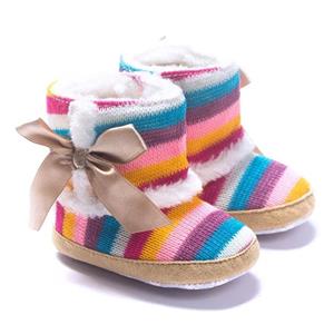 DZT1968 Baby Girl Rainbow Stripe Coral Fleece Snow Boots Shoes with Bowknot 