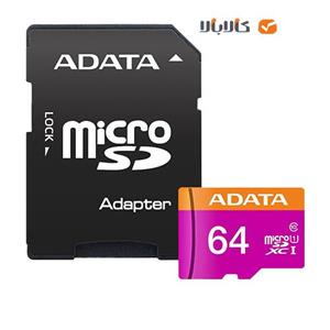 کارت حافظه ا‎ی‌دیتا مدل SDHC UHS-I  ADP V10 R80 W25 با ظرفیت 64 گیگابایت به همراه آداپتور