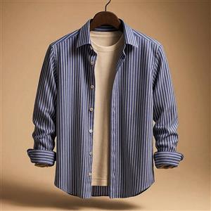 پیراهن راه راه عمودی میله ای آبی مردانه | پارچه صددرصد نخی درجه یک | دوخت صنعتی ۲۰۲۵ | استایل اولد مانی پاییز ۱۴۰۴