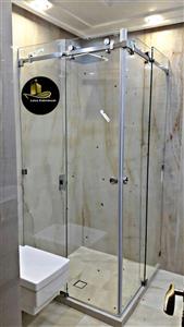 کابین دوش فریم‌لس کشویی کنج لوتوس با یراق استیل و شیشه سکوریت ۸ میل