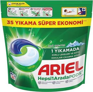 قرص ماشین لباسشویی آریل با رایحه کوهستانی مناسب برای همه البسه ها بسته 35 عددی