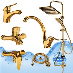 ست ۶ عددی شیرآلات مدل قهرمان با علم دوش یونیورست اتومات و شلنگ توالت | رنگ طلایی