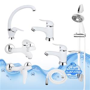 ست ۷ عددی شیرآلات برند آیدا صنعت مدل قهرمان اردکی | شیر ظرفشوییدو عدد روشوییحمامتوالتعلم دوش یونیکاشلنگ توالت | سفید کروم براق