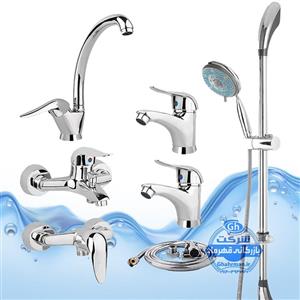 ست ۷ عددی شیرآلات برند آیدا صنعت مدل قهرمان اردکی | شیر ظرفشوییدو عدد روشوییحمامتوالتعلم دوش یونیکاشلنگ توالت | کروم براق