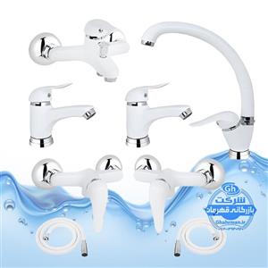 ست ۸ عددی شیرآلات برند آیدا صنعت مدل قهرمان اردکی | شیر ظرفشوییدو عدد روشوییحمامدو عدد توالتدو شلنگ توالت | سفید کروم براق