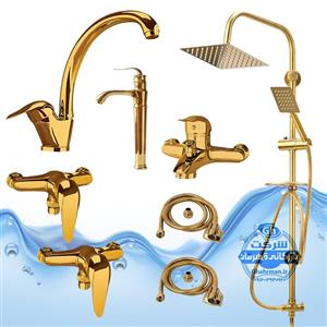 ست ۸ عددی شیرآلات برند آیدا صنعت مدل قهرمان اردکی | شیر ظرفشوییروشویی پایه‌بلندحمامدو عدد توالتعلم دوش یونیورست صفحه استیلدو شلنگ توالت | طلایی براق