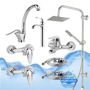 ست ۸ عددی شیرآلات برند آیدا صنعت مدل قهرمان اردکی | شیر ظرفشوییروشویی پایه‌بلندحمامدو عدد توالتعلم دوش یونیورست صفحه استیلدو شلنگ توالت | کروم براق