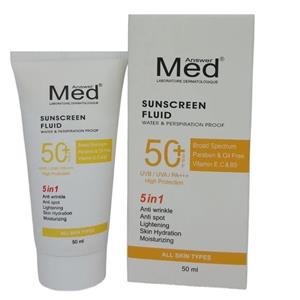 کرم ضد آفتاب و ضد چروک و لک بدون رنگ مدانسر SPF50 مدل 5 در1 محافظ UVA ،UVB و PA مناسب برای انواع پوست حجم 50 میلی لیتر