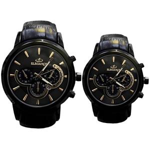 ست ساعت مچی عقربه ای زنانه و مردانه الگانس مدل بند چرمی تک موتوره کد 08