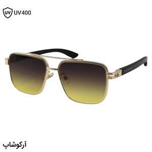 عینک آفتابی لاکچری میباخ با فریم طلایی رنگ، مربعی شکل، دسته چوبی و لنز قهوه‌ای سایه روشن مدل 23186