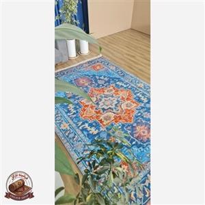 فرشینه آبی نارنجی مدرن جنس مخمل تُرک استُپ دار ابعاد سفارشی