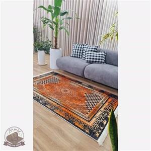 فرش وینتیج مخمل نارنجی مشکی h482 استُپ دار ( ضد سُر )