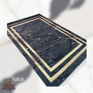 فرش مشکی طلایی مخمل مدرن طرح سنگ h410 استُپ دار(ابعاد دلخواه)