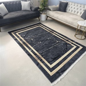 فرش مشکی طلایی مخمل مدرن طرح سنگ h410 استُپ دار(ابعاد دلخواه)